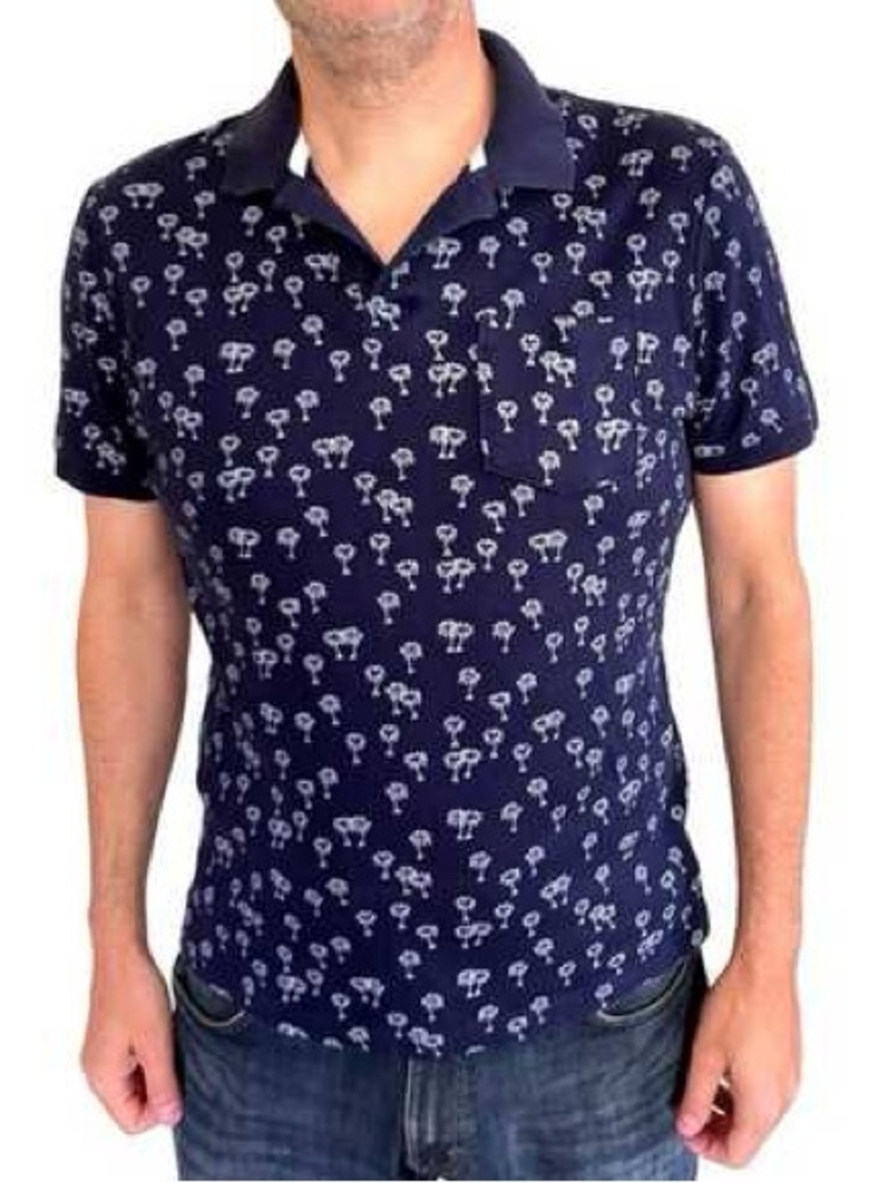 Banana republic navy white palm tree print short sleeve polo shirt